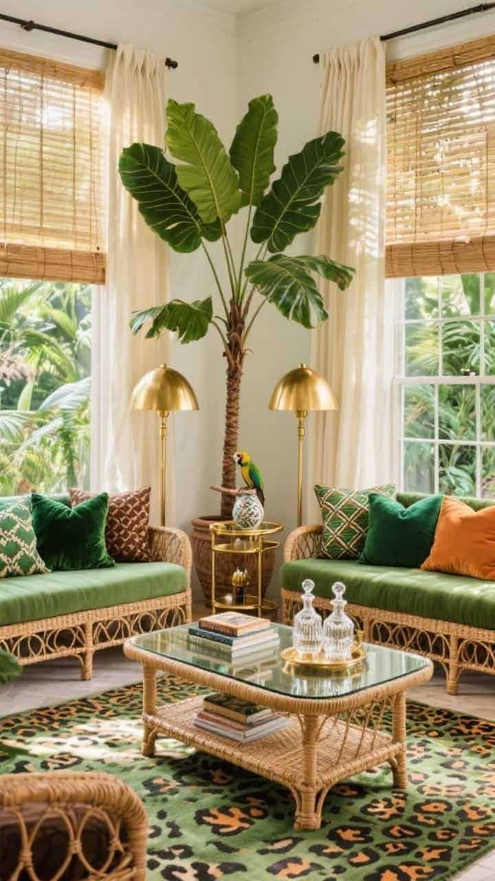 Medium-wide sunroom, diagonal angle: Lush jungle glam with rattan daybeds topped in moss-green cushions, layered over a leopard-print rug. Towering potted monsteras frame the scene. Twin brass palm-tree floor lamps flank a glass-topped rattan coffee table styled with safari books. Windows feature bamboo blinds under cream linen curtains. Scatter ikat and velvet pillows in emerald, ochre, and chocolate. A small brass bar cart with cut-crystal decanters and a ceramic parrot perches in the corner. Palette: emerald, moss, ochre, brass, natural rattan. Photorealistic, dappled daylight.