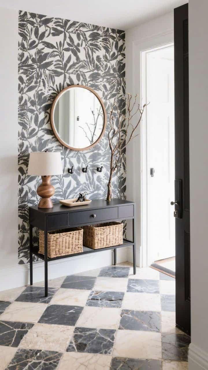 Overhead and slight front hybrid detail of an entryway vignette: checkerboard stone floor tiles in cream and charcoal; bold wallpaper in a limited palette echoing the floor (botanical or geometric); a slim black metal console with a single drawer; round wood mirror mounted above; wall-mounted hooks in a clean straight line; hidden storage baskets tucked beneath the console; decor limited to one sculptural lamp, a shallow tray for keys, and a tall branch arrangement; crisp, bright lighting highlighting pattern-on-pattern without clutter; photorealistic.