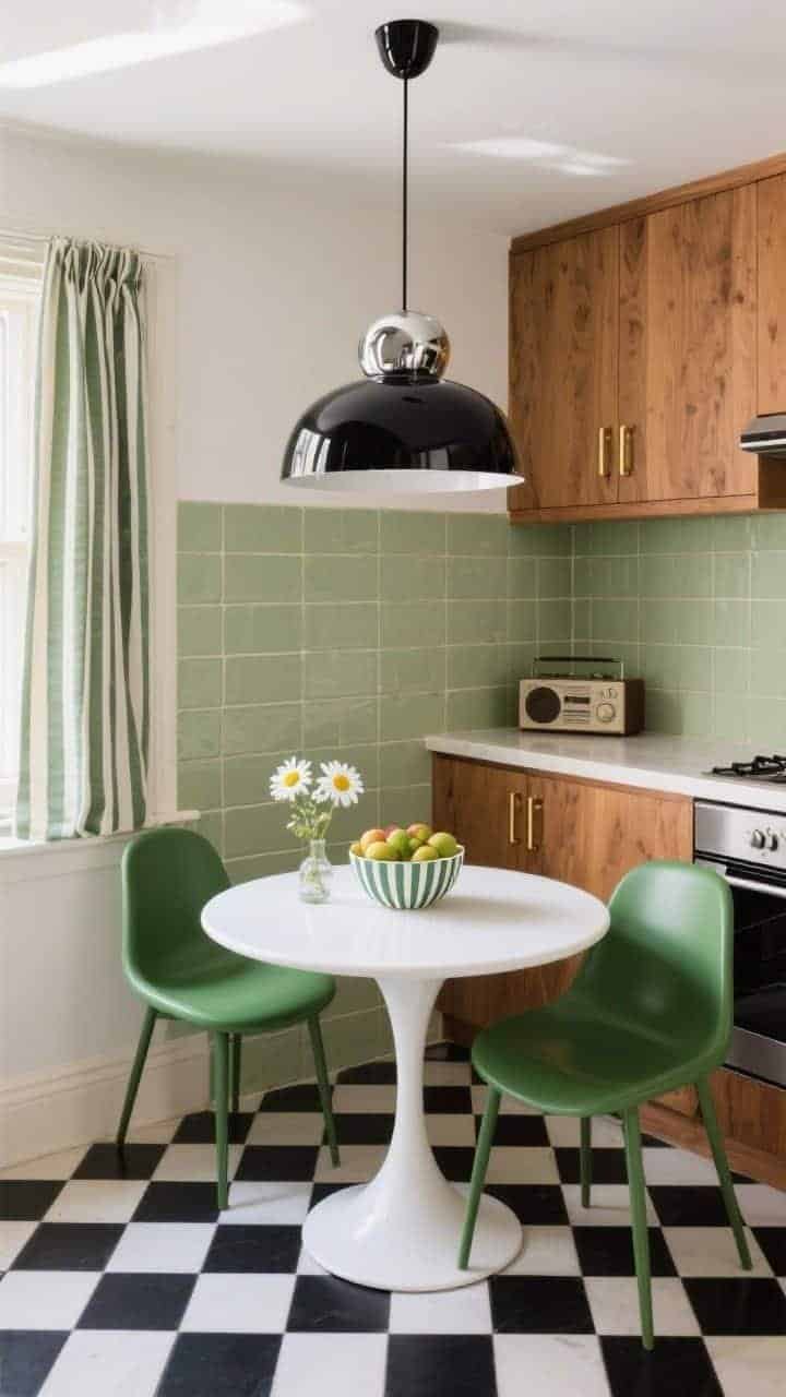 Overhead and slightly angled kitchen nook shot: Black-and-white checkerboard floor sets the graphic base. A white tulip table with avocado-green molded chairs sits centered beneath a glossy black-and-chrome op-art pendant. Warm oak cabinets with brass pulls line the edge of the frame. Stacked avocado tile backsplash with creamy grout adds color rhythm. On the table, a striped ceramic fruit bowl and a tiny vase of daisies. Small stripe café curtains echo the bowl’s pattern. A compact vintage-style radio rests on the counter. Palette: avocado, cream, oak, black, chrome. Photorealistic, bright morning light.