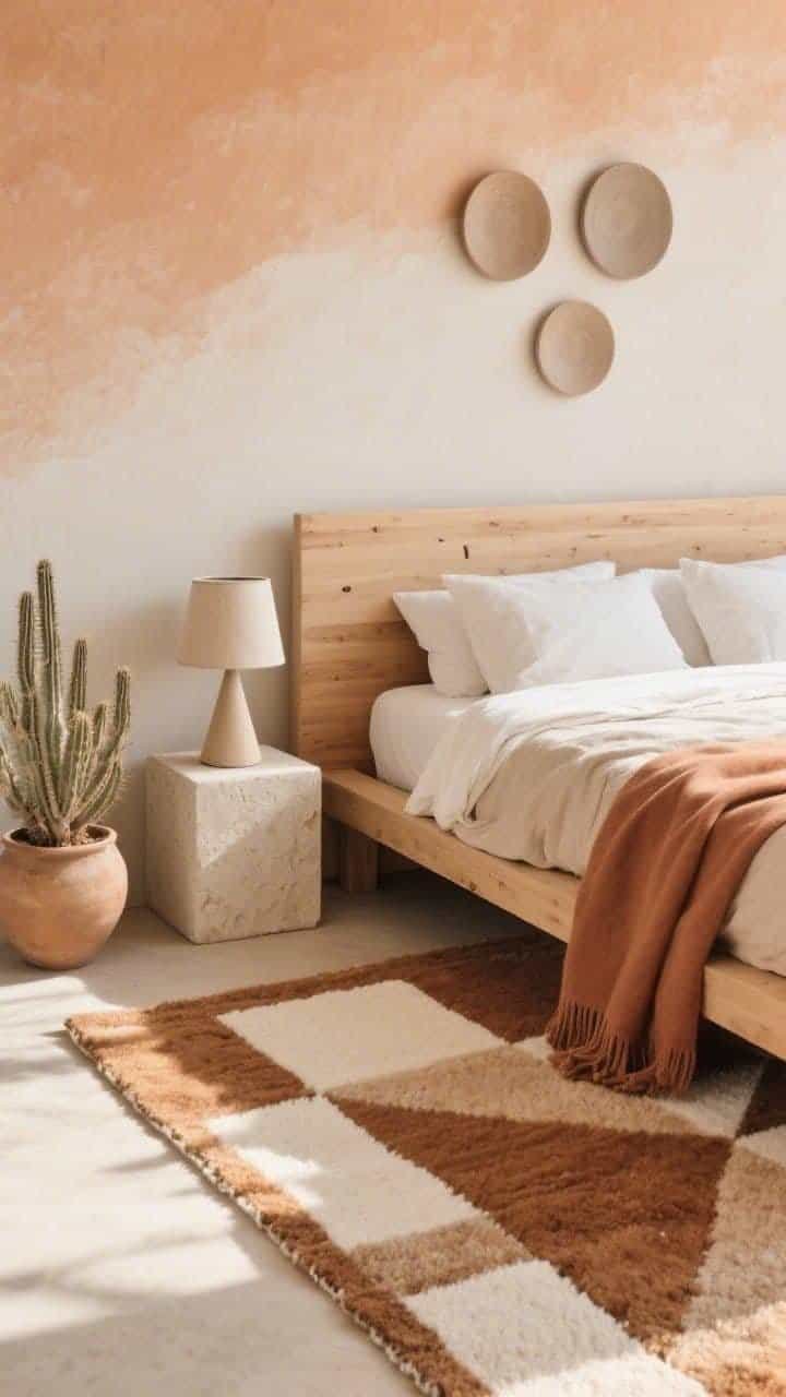 Overhead/angled detail shot, Desert Poise: focus on a geometric wool rug in tan and ivory placed slightly askew under the foot of a light oak bed with a squared headboard; bedding stack showing ivory sheets, sand linen duvet, and a clay-colored throw; chunky plaster cube nightstand with a petite raw-linen cone-shade lamp; hints of limewashed pale terracotta wall and a trio of matte ceramic wall discs in varied sizes; one sculptural desert plant in a wide, low pot at frame edge; warm sun-washed daylight, textures crisp and earthen, photorealistic.