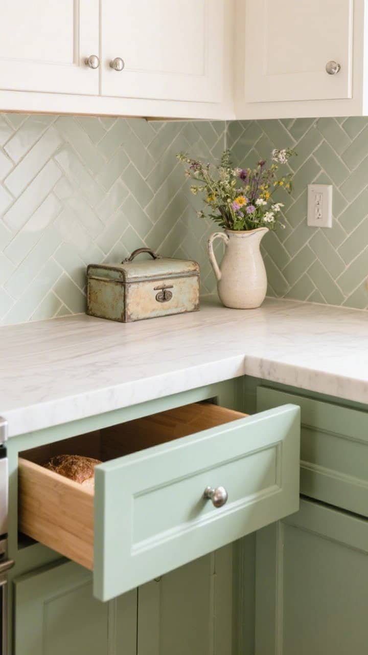 Overhead/angled detail shot, Soft Sage Cottage Modern: soft sage green lower cabinet drawer open to reveal shaker detail and brushed nickel cup pull, adjacent warm white upper cabinet corner, herringbone peel-and-stick backsplash pattern captured clearly, light oak-look laminate countertop with a ceramic pitcher of wildflowers and an antique-style bread box; cozy cottage-modern textures, gentle natural light, photorealistic.