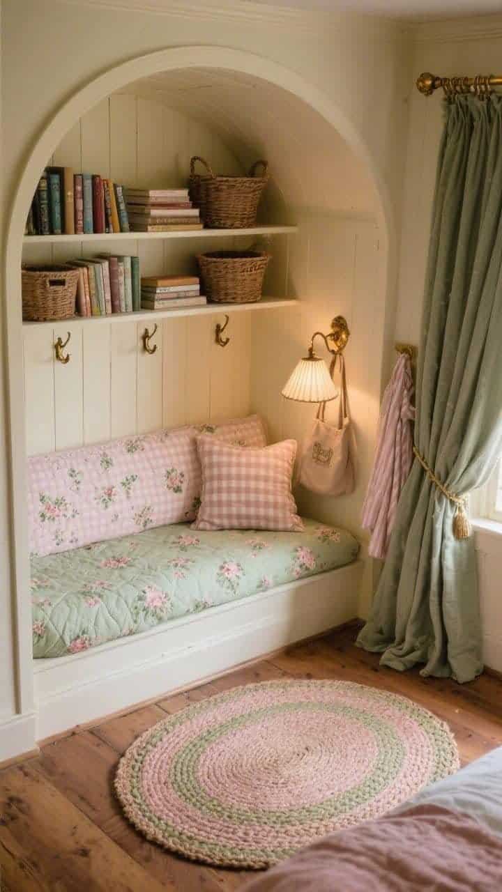 Overhead/angled shot of a cottage core built-in corner alcove: custom bed nook wrapped in tongue-and-groove paneling painted buttery cream, soft arched top; shallow shelves above with neatly stacked books and a couple of baskets; ticking cushion along the back wall layered with quilted florals and tiny checks in soft rose and sage; antique brass hooks at the alcove end with a robe and tote; petite library sconce with pleated shade on a dimmer casting warm bedside glow; warm oak flooring with a hand-braided oval rug in soft rose and sage; a curtain panel on a brass rod partially drawn for snugness; photorealistic, cozy evening ambiance.