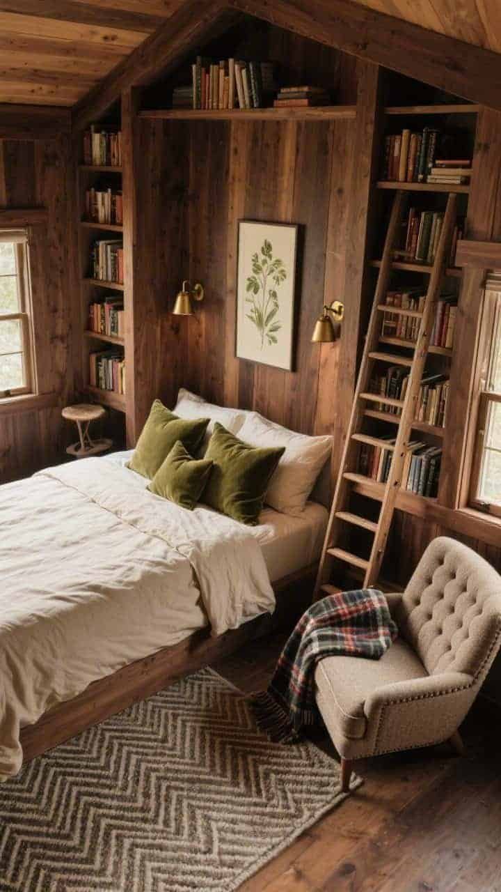 Overhead detail shot angled slightly: cozy reading nook cabin with floor-to-ceiling walnut bookcases framing a queen bed nestled between, library-style sconces on each side, oatmeal linen bedding with olive velvet pillows, herringbone rug pattern beneath partially visible; tufted tweed chair near window with plaid wool throw; sliding ladder along shelves and small brass picture light over framed botanical prints; intimate, bookish warmth.