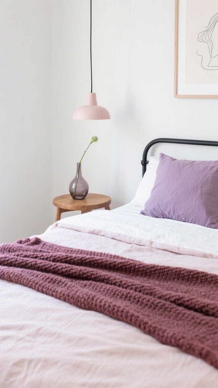 Overhead detail shot of layered minimal textiles on a soft white bed: blush duvet, berry-toned knit throw draped diagonally, and lavender pillowcases forming a gentle gradient; slim black metal bed frame edge visible; maple bedside stool with a pale blush pendant’s soft light spilling across framed line art on the wall; a single stem in a smoky glass bud vase on the stool; crisp, serene mood.