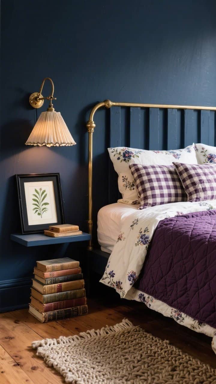 Photorealistic closeup/detail shot capturing Moody Cottage Charm textiles and lighting: soft black-blue wall with a matching painted slat headboard. Floral quilted bedding in deep plum and cream layered beneath gingham accent pillows. A brass swing-arm light with a pleated fabric lampshade casts warm, cozy illumination. Foreground shows stacked vintage books and a framed botanical print in a black frame on a small bedside ledge; braided wool rug texture visible at the edge; warm pine flooring. No people.