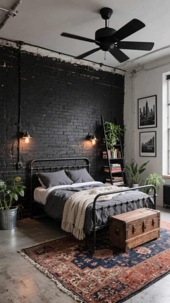 Photorealistic corner wide shot of a Cozy Industrial Loft: black accent wall meeting exposed brick, a forged metal bed frame with a simple profile. Heathered charcoal duvet and a cotton-knit throw draped casually. Factory-style sconces provide directional warm light. At the foot, a reclaimed wood trunk. Floor anchored by a distressed Persian rug in rust and inky navy. A black ladder shelf stacked with books and trailing plants softens the industrial edge. Accessories include galvanized planters, matte black ceiling fan overhead, and framed black-and-white city photos. No people.