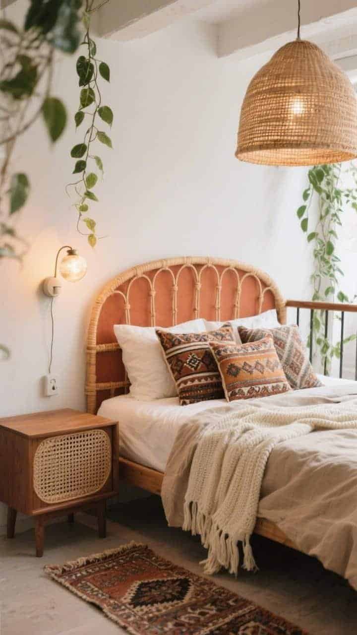 Photorealistic detail closeup of boho textures on a loft bed: warm white walls with a terracotta accent behind a curved rattan headboard; sand-toned linen sheets, cream knit throw draped casually, and patterned kilim pillows layered in front; edge of a walnut nightstand with open cane front partially visible; warm glow from a woven dome pendant out of focus above and a globe plug-in sconce casting gentle light; trailing pothos vine softening the railing in the background; low-pile Persian-style runner placed sideways peeking at the bed’s edge; serene, layered, airy boho mood