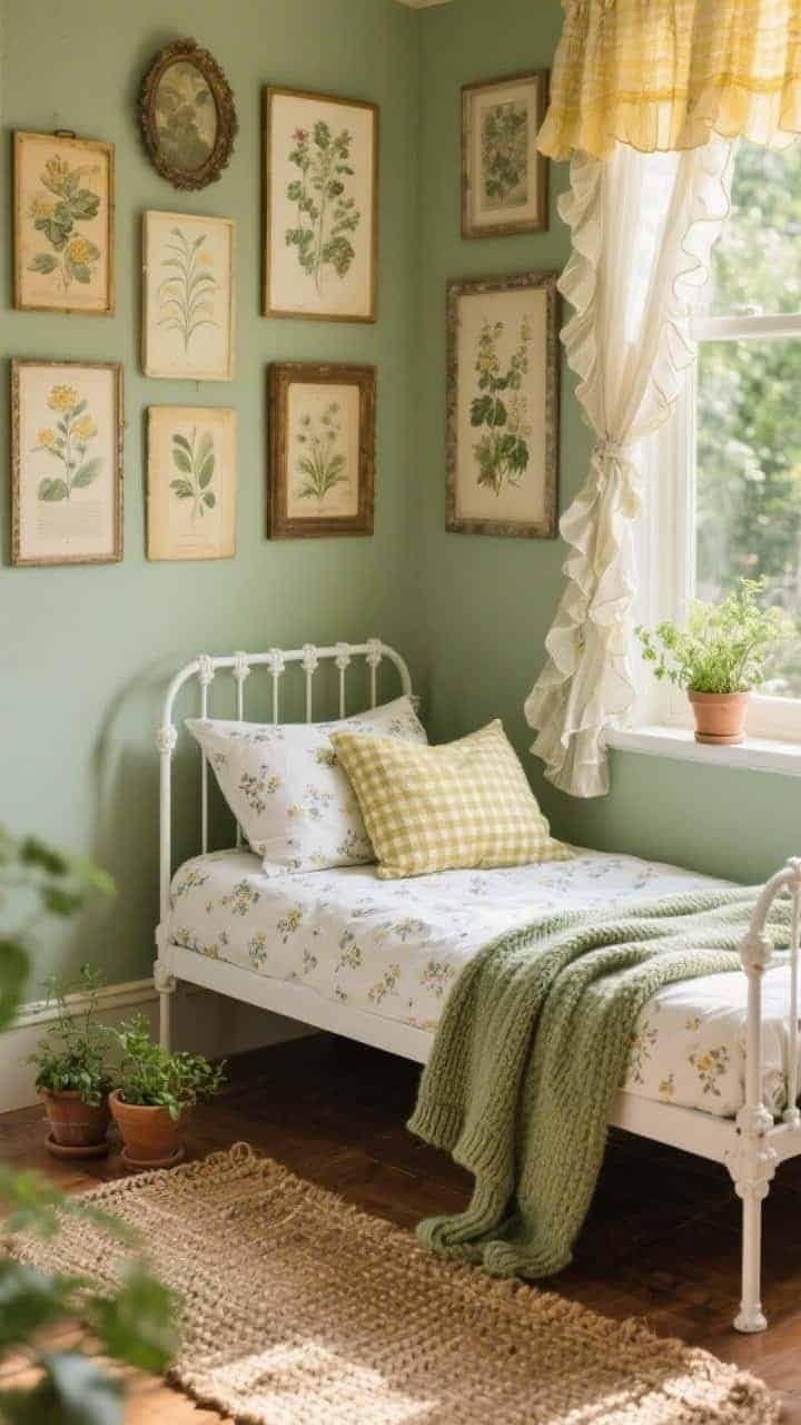 Photorealistic detail closeup of Cottagecore Meets Study Nook textiles and wall decor: white metal daybed edge with a micro-floral duvet, gingham shams, and a sage knit throw draped softly; behind it, a botanical gallery wall of vintage prints in mismatched frames; glimpse of ruffled or cafe curtains filtering sunlit warmth; woven jute rug texture underfoot; small potted herbs on the sill in soft focus; palette of sage greens, butter yellows, and warm wood, cozy sunlit garden vibe.