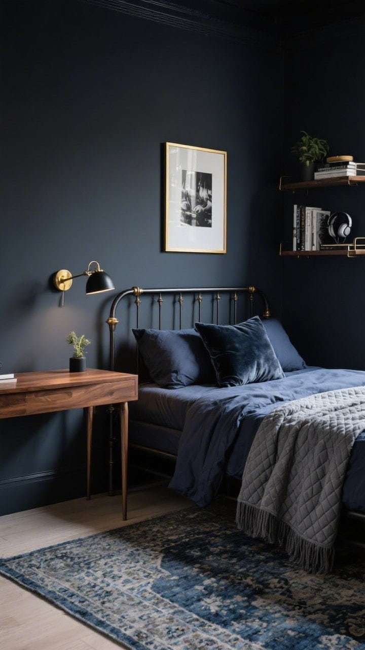 Photorealistic medium, cinematic corner angle of a Moody Midnight Studio: charcoal metal bed with clean lines, dressed in navy linen bedding and a slate quilted throw; walnut desk with slim legs doubling as a vanity; brass sconce above the bed and a matte-black task lamp on the desk; black-and-white photography in thin brass frames, one oversized piece above the headboard; low-pile Persian-style rug in smoky blues and grays; magnetic strip shelves floating books, headphones, and a tiny plant; a velvet accent pillow; moody, directional lighting with warm brass highlights against deep navy and inky charcoal palette.