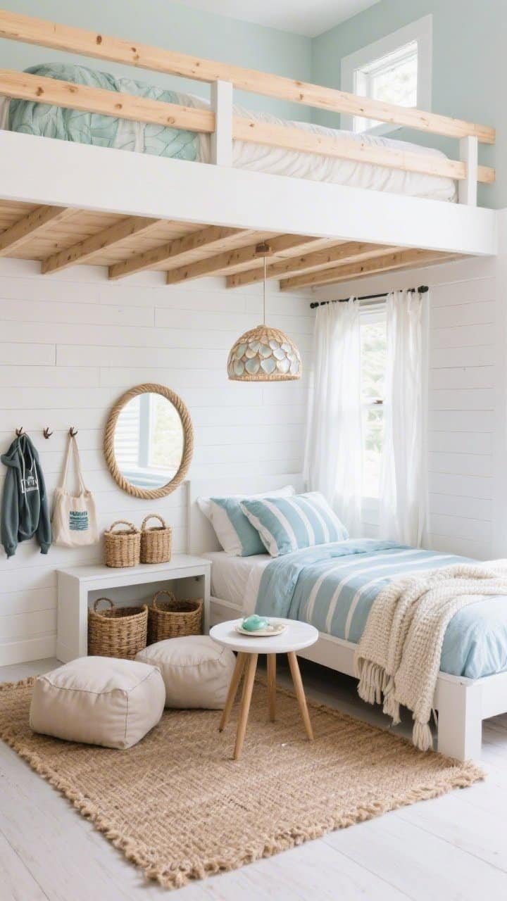 Photorealistic medium corner angle of a Coastal Cool Micro-Loft: lofted bed in light wood/white with sea-glass, sandy beige, and crisp white palette; under-bed mini lounge with two floor cushions and a small round coffee table; striped soft-blue duvet, nubby knit throw, gauzy white curtains; white shiplap peel-and-stick accent behind the bed; rattan baskets on a low console, wall pegs holding totes and hoodies; round rope mirror bouncing natural light; jute runner adding beach-house texture; capiz shell pendant or woven drum shade casting a breezy glow.
