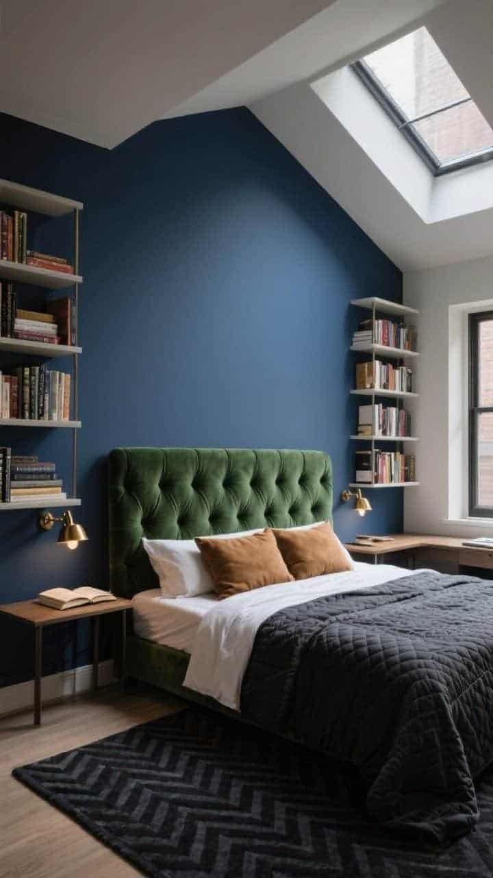 Photorealistic medium shot focusing on an urban library loft wall: inky blue accent wall behind a bed with a tufted forest green velvet headboard; surrounding walls in soft putty; shallow built-in bookshelves along the knee wall filled with novels and punctuated by bronze bookends; picture lights washing the shelves and adjustable brass sconces flanking the bed for reading; bedding layered with high-thread-count sheets, a charcoal quilt, and camel suede pillows; dark herringbone rug underfoot; a narrow writing desk tucked beneath a dormer window in the background; rich, dramatic, whisper-quiet mood
