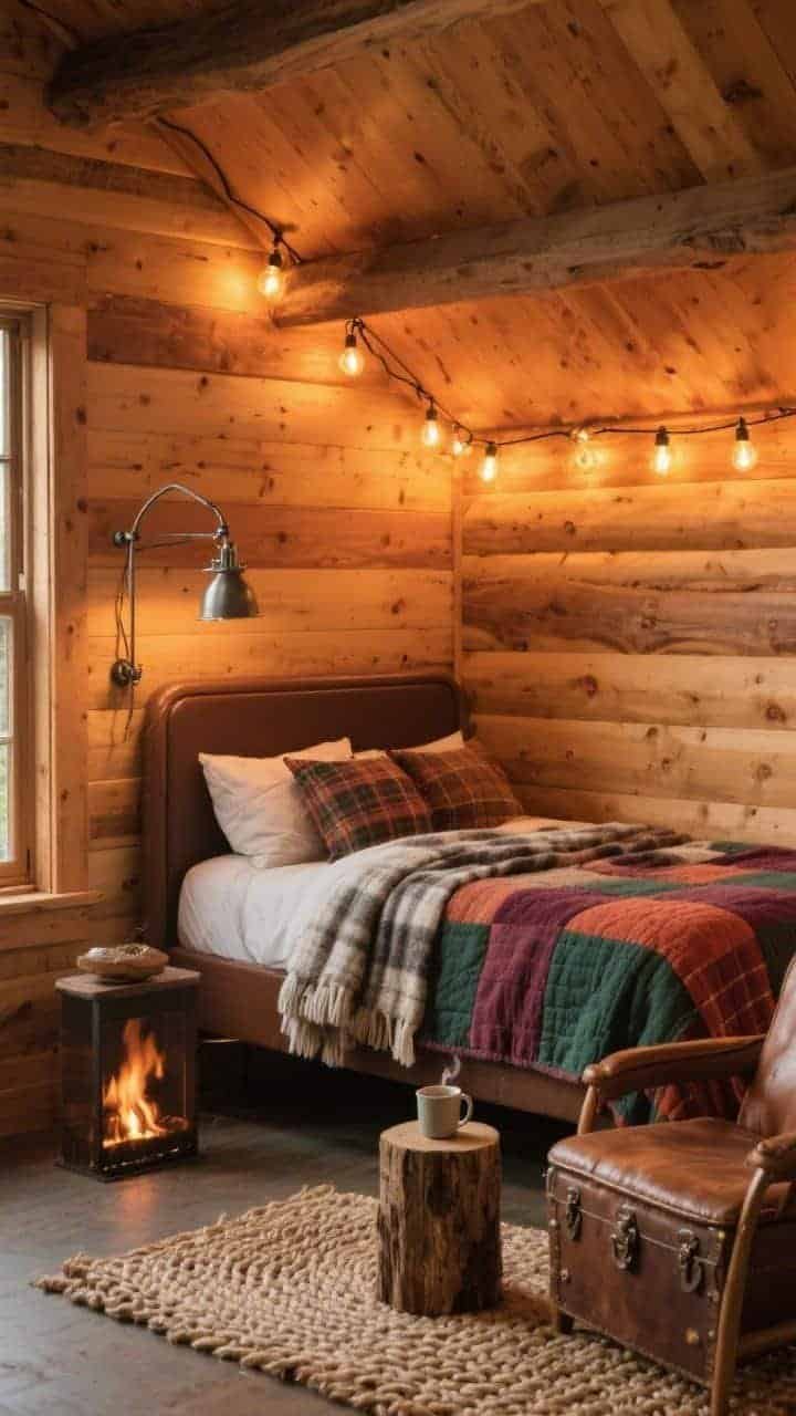 Photorealistic medium shot from a corner angle of a cabin-inspired loft nook: honey-stained wood planks cladding one wall/ceiling, warm espresso bed frame topped with a patchwork quilt in rust, wine, and deep green, layered with a salt-and-pepper wool blanket at the foot; flannel sheets and plaid pillows in an earthy palette; Edison-bulb string lights running under the eaves create amber glow; metal swing-arm sconce by the bed; compact leather slipper chair with a small stump side table holding a steaming tea mug; a vintage trunk at the foot of the bed; braided jute rug grounding the scene; cozy fireside warmth without a fireplace