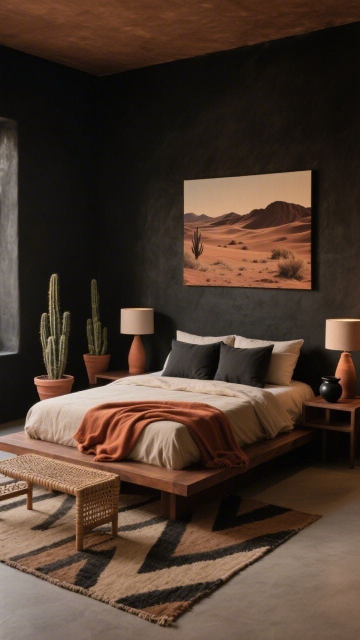 Photorealistic medium shot of a Desert Night Minimalist bedroom from a corner perspective: walls painted soft black with brown undertones, a simple walnut platform bed with clean lines. Sand-colored linen sheets, a copper terracotta throw folded at the foot, charcoal lumbar pillows. Clay table lamps on minimal nightstands. A flatweave rug with geometric camel-and-charcoal stripes under the bed. On the wall, a single oversized desert landscape. Terracotta planters with cacti, a black ceramic catchall on the nightstand, and a woven cane bench at the foot. Warm, low evening light. No people.