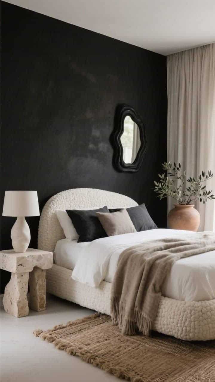 Photorealistic medium shot of an Organic Modern Nest, angled view: soot-black walls contrasted by a curved bouclé bed in creamy ivory. Stonewashed charcoal bedding layered with taupe alpaca throws. Chunky travertine nightstands hold a sculptural plaster table lamp. A jute-and-wool blend rug peeks from below, adding earthy texture. In the corner, an oversized earthenware pot with olive branches; black-framed organic mirrors reflect soft, diffused light. Linen blackout drapes frame the scene. Palette: soot black, ivory, taupe, travertine beige. No people.