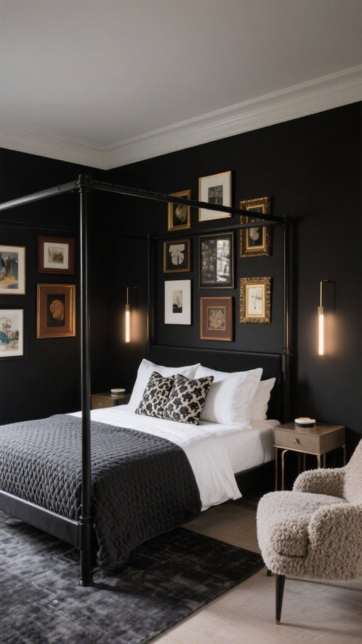 Photorealistic overhead/detail and partial wide composite angle of an Art-Led Gallery Hideaway: rich black walls with a salon-style gallery wall of mixed frames (black, walnut, gilt) illuminated by slim picture lights. A simple black metal canopy bed frames crisp white sheets and a charcoal matelassé coverlet, with patterned cushions echoing hues from the artwork. Pedestal nightstands keep sightlines clean; a low boucle accent chair sits nearby on a tonal charcoal rug. Focus on art glow and textures, no people.