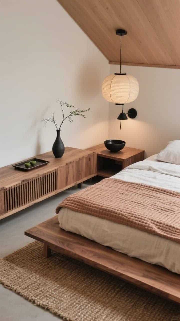 Photorealistic overhead detail shot capturing Japandi calm: tatami-style ash wood platform bed set very low, topped with stonewashed linen in clay and sand tones and a waffle coverlet; slatted ash nightstand with a minimal black sconce above casting warm light; rice-paper drum shade glow softening the scene; a low ash credenza running under the slope to emphasize horizontal lines; accents arranged with restraint—single ikebana vase, matcha tray, charcoal ceramic bowl; wall-to-wall natural jute-sisal blend rug providing understated texture; palette of clay, sand, ink, and soft black; serene, uncluttered atmosphere