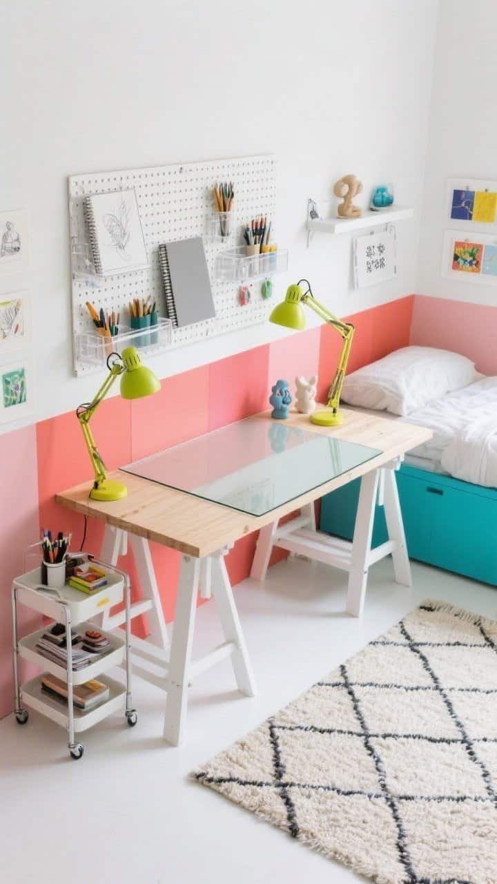 Photorealistic overhead detail shot of a Color-Blocked Creative Lab desktop and wall: white trestle-base desk with a glass or birch top beneath bold peel-and-stick color blocks (coral and periwinkle) defining bed and desk zones; pegboard above holding art tools; clamp-on lamps in lime or sunny yellow attached to the desk edge; clear acrylic shelves displaying sketchbooks and mini sculptures without visual clutter; a mobile cart with organized supplies and a magnetic gallery rail with rotating mini artworks; geometric flat-weave rug peeking below echoing the wall colors; bright, balanced lighting with lots of white space.