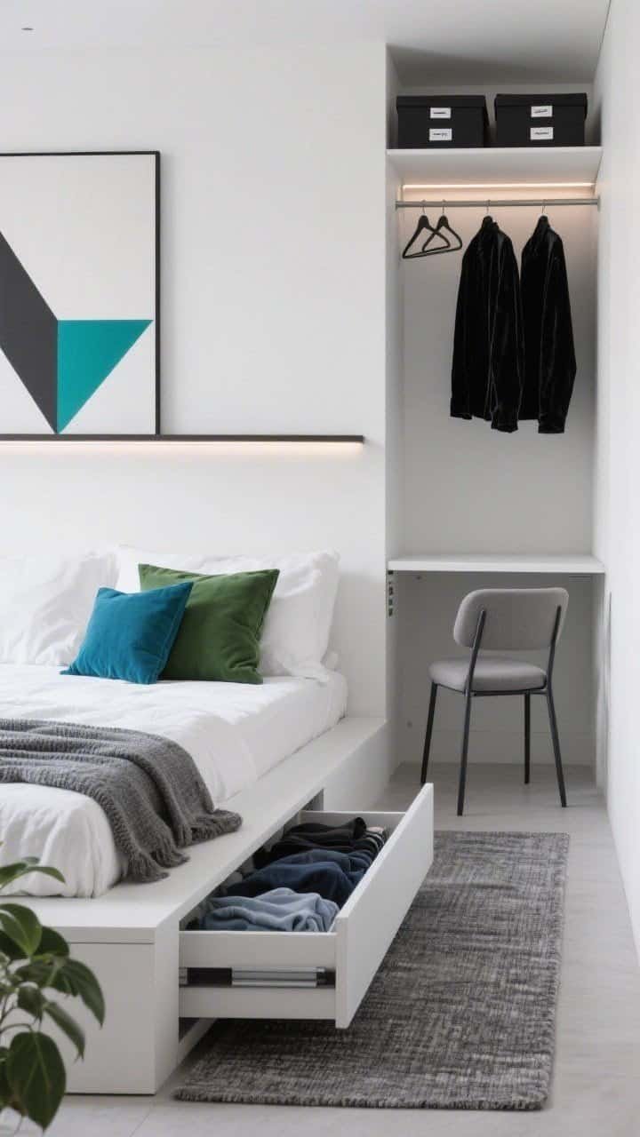 Photorealistic straight-on medium shot of a Monochrome Minimalist setup with Hidden Storage: platform bed with built-in drawers slightly open to reveal neatly stashed clothes; crisp white duvet, one bold accent pillow (forest green or cobalt), textured gray throw; floating night shelf instead of a table; wall-mounted drop-leaf desk folded down with a stackable chair tucked in; matching black velvet hangers and labeled fabric boxes visible in an open closet niche; one oversized geometric print in the accent color; linear LED strip under a shelf casting a sleek glow; flat-weave graphite rug and a single living plant; ultra-clean lines, zero visual noise.