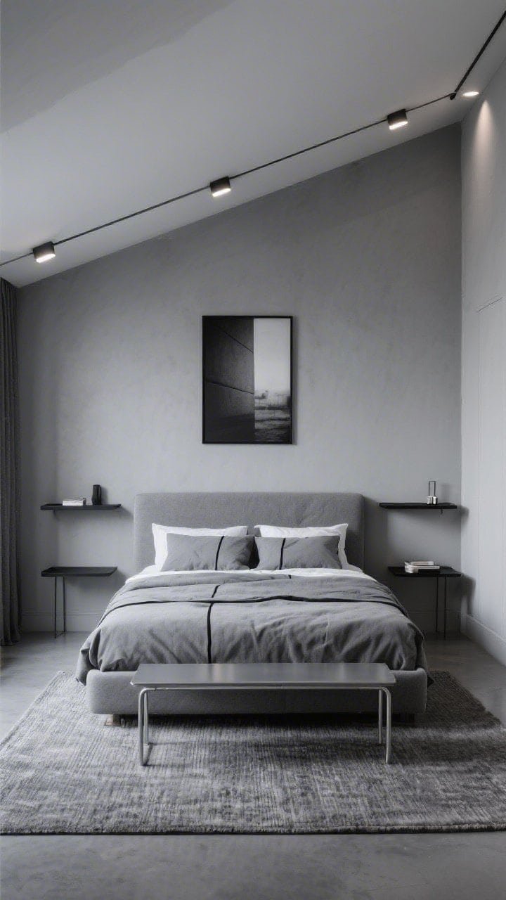 Photorealistic straight-on wide shot of a minimalist monochrome loft: back wall painted soft graphite, remaining walls pale gray; gray upholstered bed with low headboard, stone-colored linen bedding and pillows with black piping; two floating black shelves as nightstands holding minimal essentials; slim steel bench at the foot instead of a dresser; recessed puck lights along the ceiling slope casting focused, shadow-free illumination; a single oversized black-and-white art print on the graphite wall; flat-weave rug in heather gray extending the room’s lines; moody, tidy, cocoon-like vibe