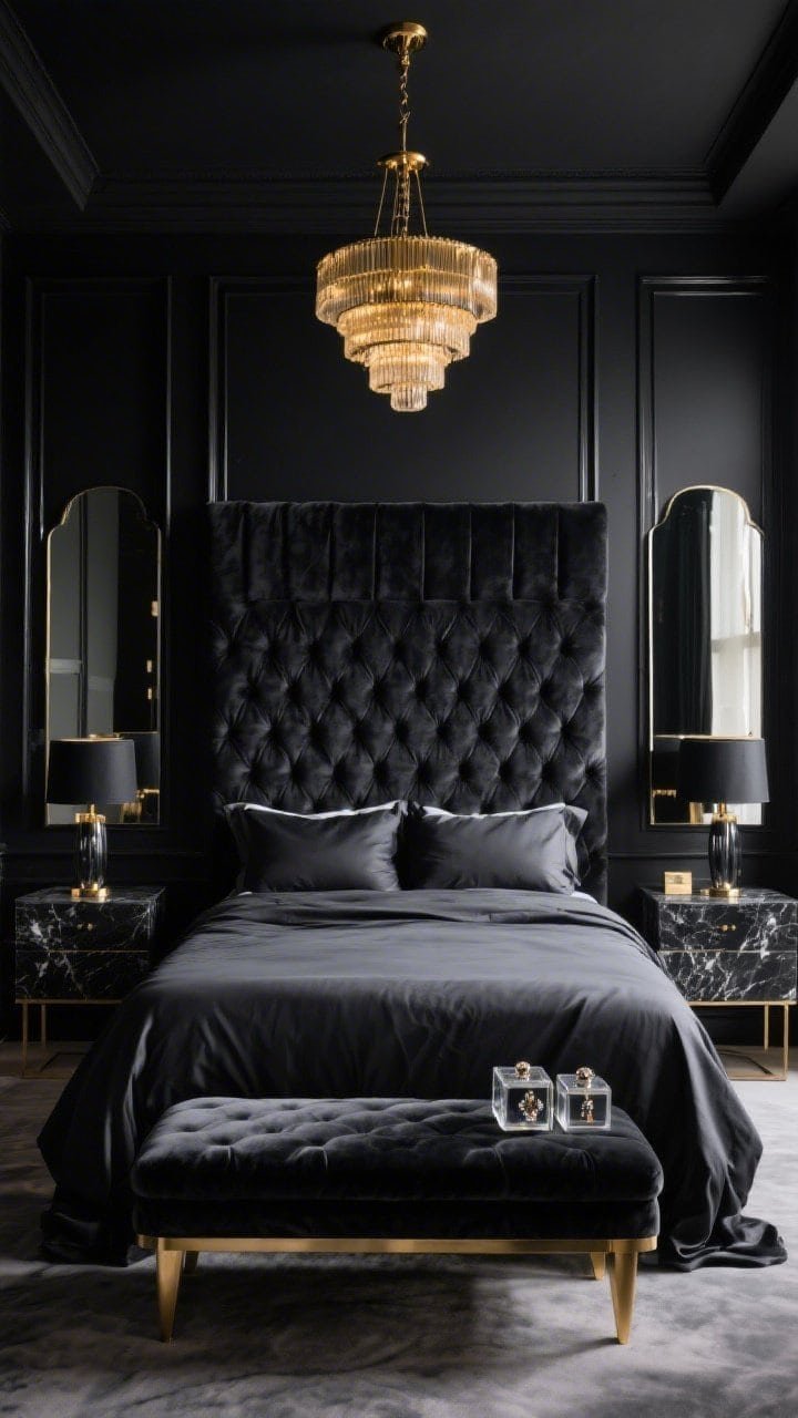 Photorealistic wide, glamorous straight-on shot of a Glam Noir Suite: matte black walls with high-gloss black trim for contrast. A tall channel-tufted headboard in deep charcoal velvet. Bed dressed in silky sateen sheets and a graphite velvet duvet. Mirrored nightstands on each side with black marble table lamps; smoked mirror paneling behind the headboard extends the depth. A brass tiered chandelier adds a warm golden glow. A velvet bench with a brass base at the foot, glass jewelry boxes on a nightstand. Palette: black, graphite, mirror, warm brass. No people.