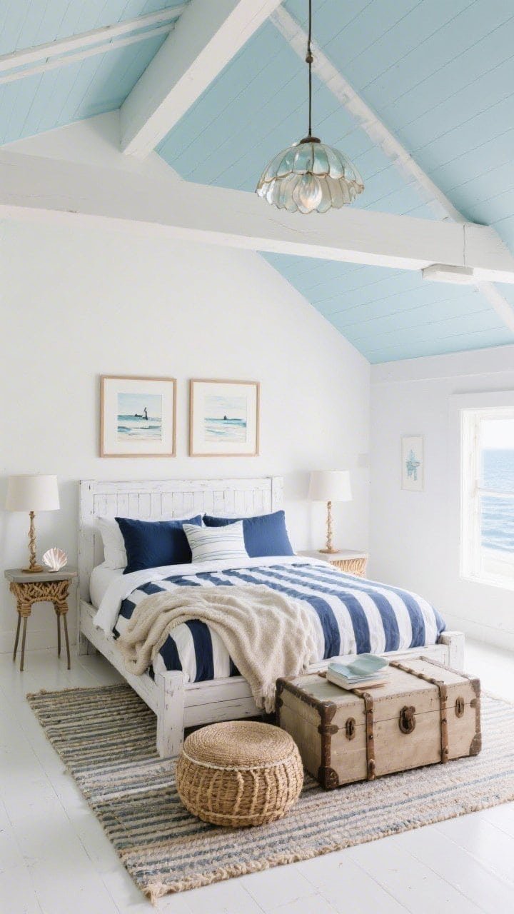Photorealistic wide room shot of a coastal loft bedroom: sloped ceiling painted a whisper of sky for height, sea-glass blues and chalky whites throughout; whitewashed wood bed with navy-and-cream pinstripe duvet, indigo shams, and a nubby oatmeal throw; round jute ottoman at the foot; trunk-style coffee table for storage; rope-wrapped table lamps on slim side tables and a tiny capiz shell pendant adding shimmer; framed coastal sketches in thin oak frames hung low along the slope; striped flat-weave rug running the bed’s length; bright, breezy seaside hideaway feel with diffused daylight
