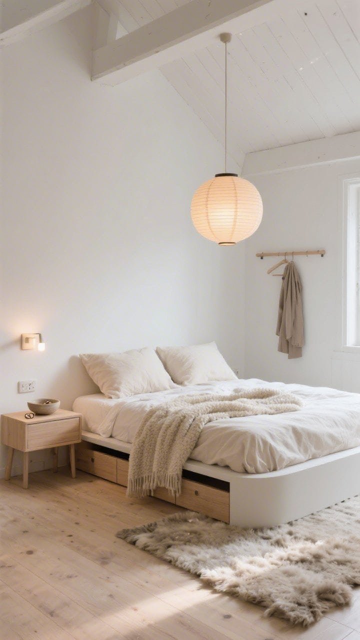 Photorealistic wide room shot of a Scandinavian loft bedroom under a sloped ceiling: matte white walls, pale oak floors, low-profile rounded-corner platform bed dressed in bone-colored linens with a cloud-like duvet, two linen euro pillows, and a bouclé throw; paper lantern pendant overhead with warm dim light, plus a dimmable plug-in sconce tucked beneath the slope; shallow under-bed drawers slightly open; a single bleached maple nightstand with a small ceramic bowl for rings; slim wall-mounted clothing rail with one outfit; shaggy wool rug peeking on all sides of the bed; airy, hushed atmosphere with soft morning light