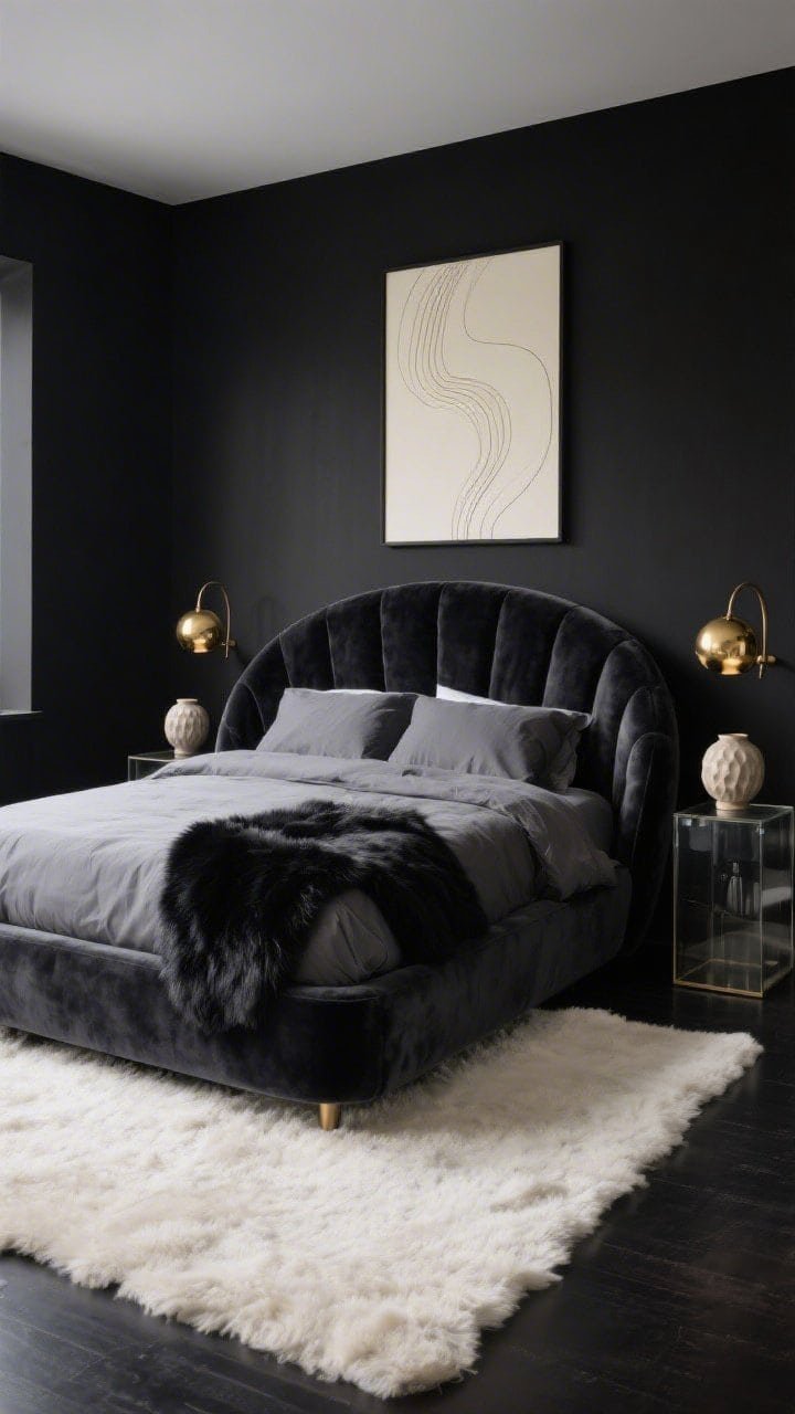 Photorealistic wide shot of a Modern Velvet Cocoon bedroom: matte black walls, a low platform bed upholstered in deep charcoal velvet with an enveloping headboard, stone-gray linen bedding layered with a black faux-fur throw at the foot. Warm brass globe sconces flank the bed, casting soft ambient light. Smoked-glass nightstands hold dimpled ceramic vases. A thick ivory wool rug grounds the space. On the wall, a single oversized abstract cream line print. Color palette: matte black, charcoal, ivory, warm brass. No people.