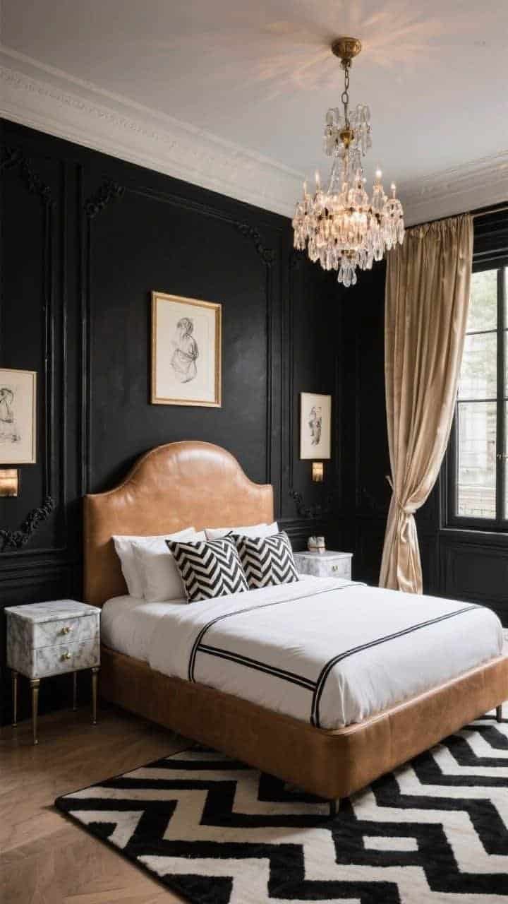 Photorealistic wide shot of a Parisian Black Boudoir: black paneled walls with delicate molding, a curved camel leather headboard. Bed dressed in crisp white percale with black piping borders, herringbone accent pillows. A smoked crystal chandelier centered overhead. Slim nightstands with marble tops and petite drawer pulls. Framed vintage sketches on the wall, silk champagne drapes pooling slightly, and a black-and-white chevron rug underfoot. Lighting warm and elegant, creating subtle reflections. No people.