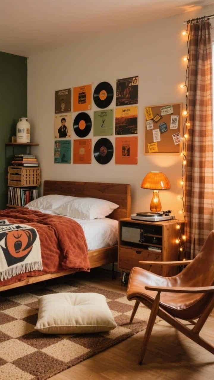 Photorealistic wide shot of a Retro Indie Record Lounge bedroom: warm wood bed frame with a rust corduroy duvet and a graphic throw; grid of record sleeves mounted over the headboard (appearing adhered with peel tabs); low floor cushion and a faux-leather sling chair as seating; amber glass mushroom lamp on a side surface and Edison bulb string lights tracing a corner; milk-crate shelves stacked with records and books; narrow media cart with a turntable; cream-and-brown checkerboard rug; cork board pinned with ticket stubs; soft plaid curtain filtering warm, nostalgic amber light; palette of burnt orange, olive, rust, and espresso.