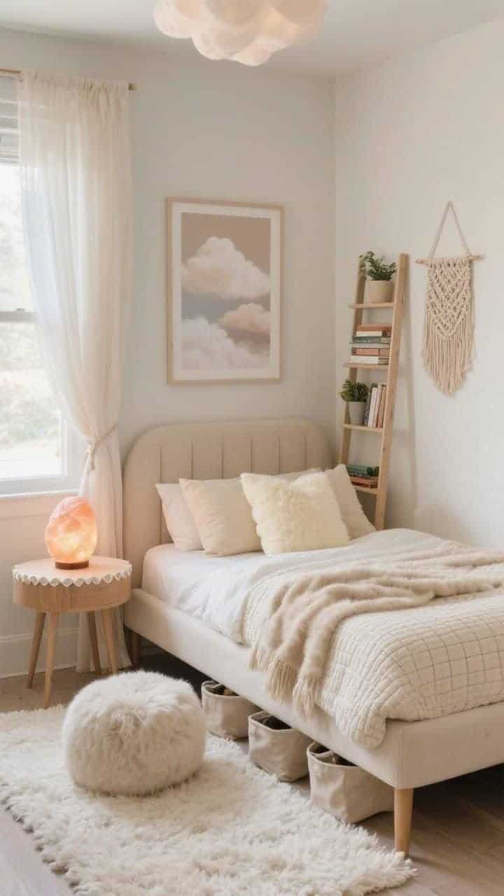 Photorealistic wide shot of a small teen bedroom styled in Soft Neutrals + Cloudcore Calm: low-profile upholstered bed in oatmeal/ivory with a waffle-knit comforter, faux-fur throw, and oversized pillows in buttercream and sandy tones; sheer linen curtains pooling slightly at the window; round pale-wood nightstand with a scalloped-edge lamp; plush off-white shag rug; slim ladder shelf with books and small plants; neutral fabric bins peeking from under the bed; tone-on-tone wall art (soft abstracts/cloud photos/macramé); soft-glow salt lamp and a fluffy pouf; airy, diffused daylight, gentle curves throughout, serene cloudlike mood.