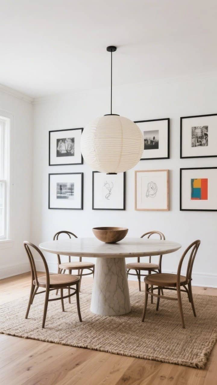 Straight-on dining space, wide shot: soft white walls covered in a floor-to-ceiling gallery wall with tight, consistent frames (matte black and oak mix), art combining photography, sketches, and a few bold color prints; below, a round pedestal dining table with slim wishbone chairs; bare wood floor or a neutral jute rug kept light and thin; one oversized rice paper lantern pendant centered above the table; a single sculptural bowl as the table centerpiece; airy feel, minimalist footprint, natural daylight; photorealistic.