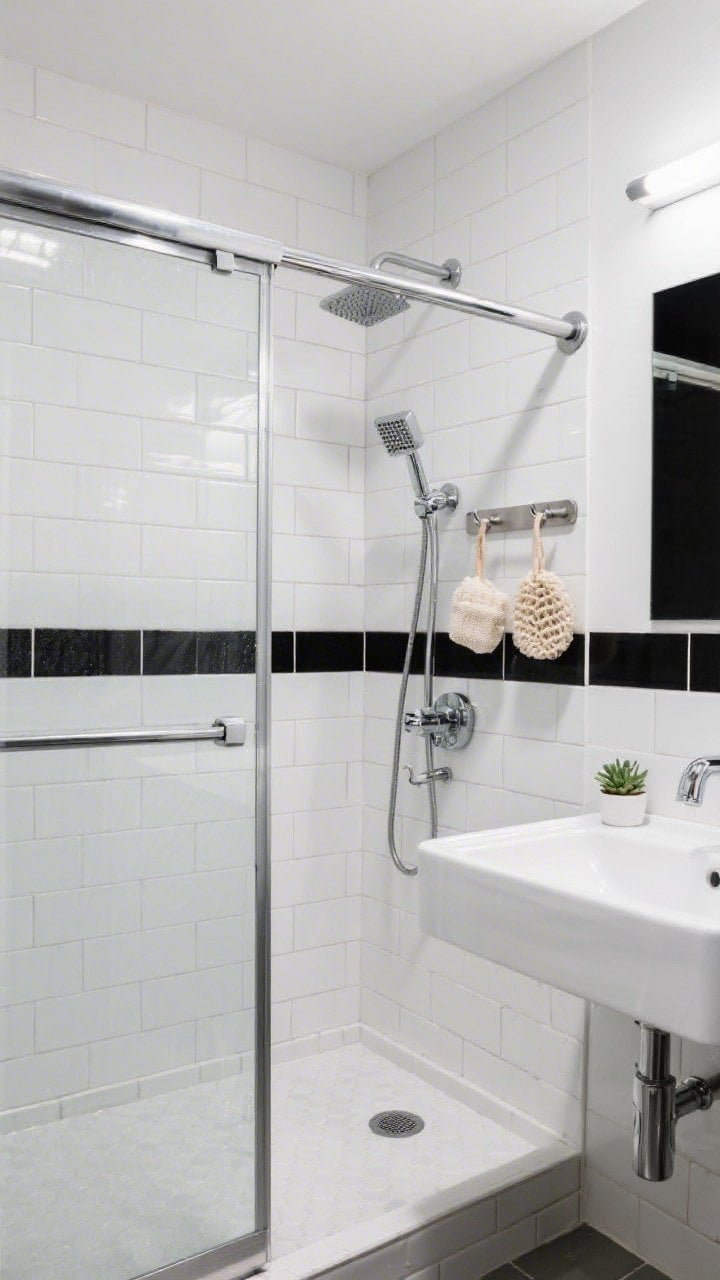 Straight-on medium shot: A crisp urban shower clad in classic 3x6 white subway tile with bold charcoal grout forming a strong grid pattern. Compact rectangular base (32 x 40) with a low curb. Industrial-style chrome fixtures including an exposed slide bar, cube handle, and a simple high-pressure head. Framed chrome sliding doors with clear tempered glass. A single black hex tile band at eye level runs across for contrast. Stainless wall-mount caddy with hooks holding loofahs and a squeegee. Adjacent glossy white vanity with a slim black mirror and a tiny succulent; bright, even task lighting.