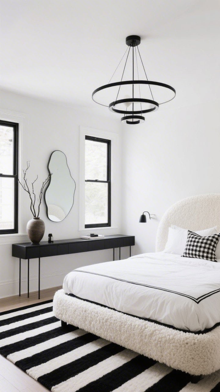 Straight-on wide shot, Black-and-White Composer: matte white walls with black window trim; bed with a curved ivory bouclé headboard softening the contrast; a bold black-and-white striped area rug running wall-to-wall beneath; thin black console used as a vanity with minimal styling; a single oversized ceramic vase holding tall branches; delicate black mobile chandelier overhead, airy and kinetic; bedding is crisp white with a black piped edge and a single checkerboard lumbar pillow; one frameless mirror with organic, irregular edges catching light; bright diffused daylight, strong graphic lines balanced by rounded forms, photorealistic.