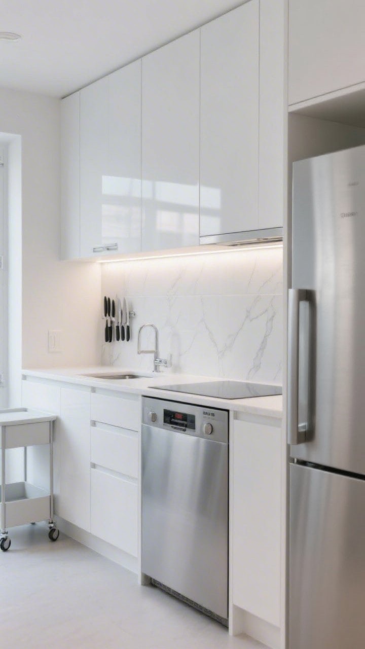Straight-on wide shot, Sleek Micro-Modern with Hidden Storage: flat high-gloss white push-to-open cabinets with no visible hardware, seamless white quartz-look laminate counters and large-format minimal-grout backsplash, continuous LED strip lighting casting a soft even wash under uppers, toe-kick drawers subtly visible, slim rolling cart tucked beside base cabinets, magnetic knife strip on wall, counter-depth fridge with stainless look decal, compact dishwasher panel; palette of white, soft gray, stainless with a single muted color accent, techy pristine micro-kitchen feel, photorealistic.