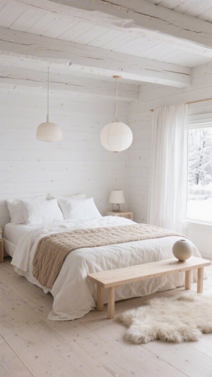 Wide, airy straight-on view: Scandinavian snow cabin bedroom in soft neutrals, warm white walls, natural ceiling beams, pale ash floors, bed in ivory flax linen layered with taupe and oat quilts, sheer linen drapes filtering daylight, paper lantern pendant lights, pale wood bench at the foot, ceramic orb lamp on a simple nightstand, soft sheepskin rug; serene, snow-quiet calm, bright natural light.