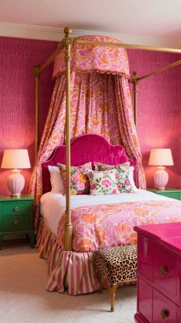 Wide bedroom — Fuchsia grasscloth walls enveloping a four-poster canopy bed draped in patterned pink-and-coral fabric; plush magenta headboard piled with a fearless mix of pillows: ikat, velvet, embroidered florals; emerald nightstands with pale blush ceramic table lamps; striped silk bedskirt, leopard-print bench at the foot, and a lacquered raspberry dresser; soft, warm bedside lighting, photorealistic and regal.