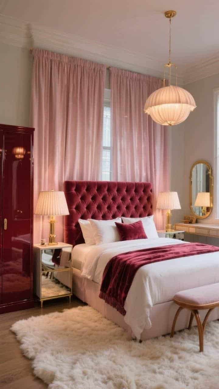 Wide bedroom suite, straight-on symmetric composition: A dramatic channel-tufted headboard in blush or deep oxblood velvet spans wall-to-wall behind matching mirrored nightstands. Low-hanging pleated pendant lamps cast warm pools of light. Floor-to-ceiling heavy satin drapes cover the window wall. Underfoot, a cream shag carpet feels cloudlike. A lacquered wardrobe in deep oxblood adds glossy depth opposite the bed. Bed styling includes silk pillowcases, velvet euro shams, and a draped satin throw. A mirrored vanity with a bentwood stool completes the scene. Palette: blush or oxblood, cream, mirror, warm brass. Photorealistic, soft evening glow.
