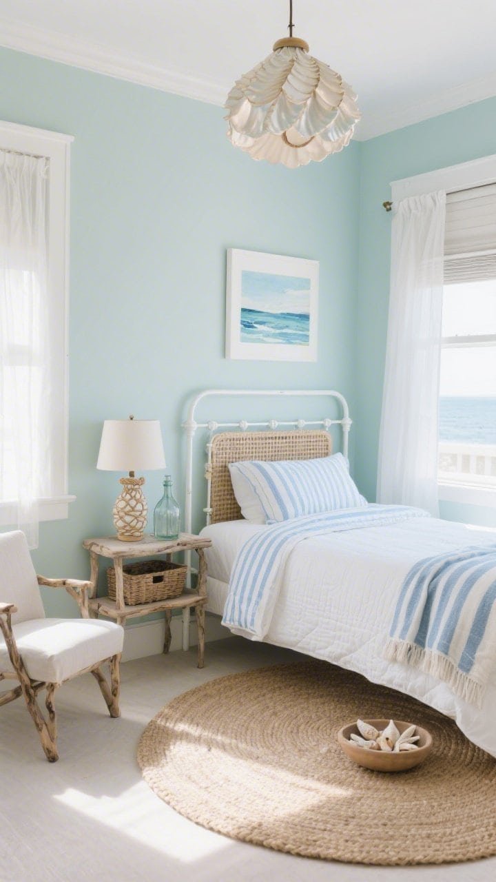 Wide coastal corner bedroom, breezy and bright: slim metal bedframe painted soft white pushed into the corner, topped with a crisp white quilt and sky-blue ticking-stripe sheets; walls in pale seafoam with bright white trim; round jute rug underfoot, rattan headboard mounted flat across the corner; narrow driftwood-look night table with open-shelf base holding baskets, petite slipcovered chair nearby; capiz shell pendant overhead, ceramic lamp with rope detail on the night table; watercolor seascape print on the wall; finishing touches include a striped throw, glass bottle vases, and a small bowl of seashells kept minimal; sheer white curtains with a neatly tucked blackout roman shade; photorealistic, sunlit, corner angle.