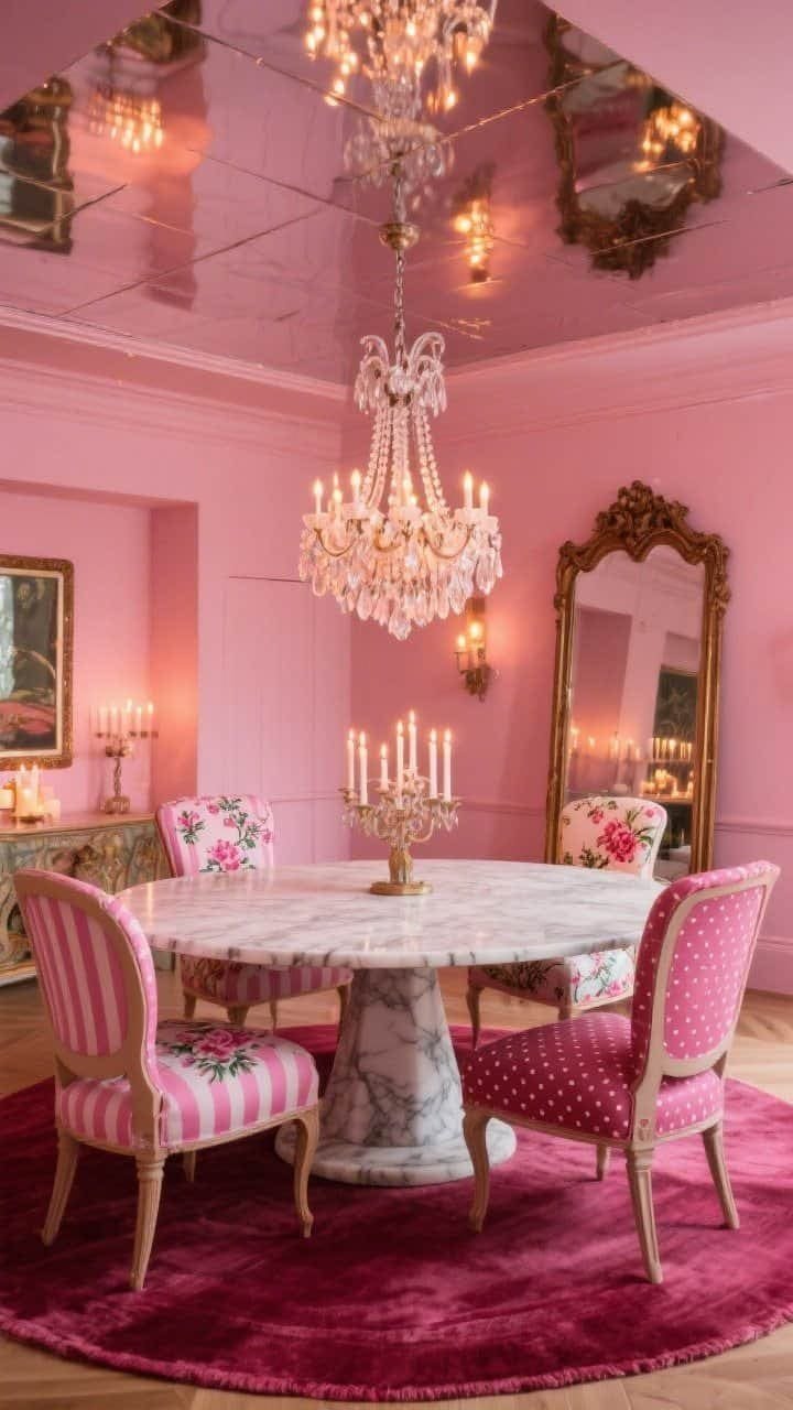 Wide dining room — Peony pink walls with a high-gloss ceiling reflecting candlelight; a chunky oval marble dining table centered beneath a cascading crystal chandelier; dining chairs mixed in three pink patterns: stripes, chinoiserie florals, and tiny polka dots; deep raspberry rug underfoot; tall antique mirror leaning to add depth; warm evening ambiance with candle glow, photorealistic maximalist.