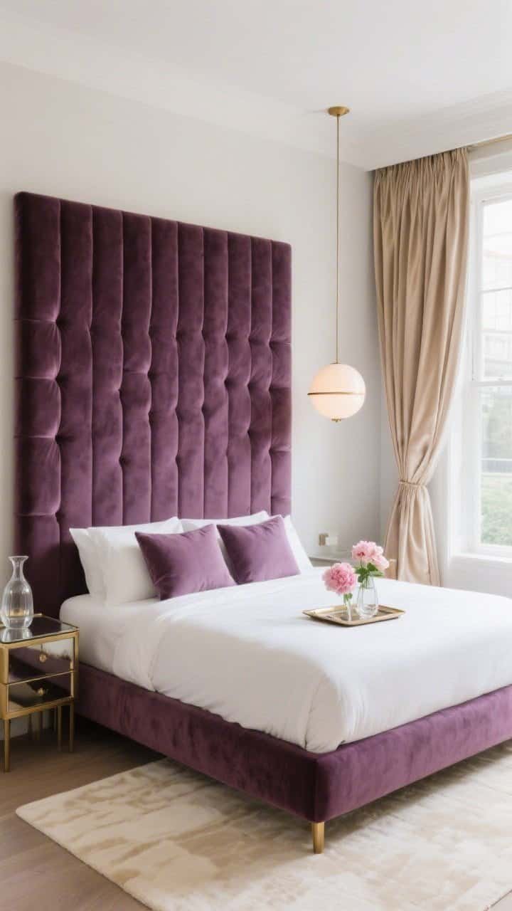 Wide, hotel-chic bedroom: plum velvet channel-tufted headboard as the focal point; champagne-toned silk drapes pooling lightly beside a window; cream rug under a neatly dressed bed with smoky mauve pillow shams and crisp white sheets; brass bedside tables with smoked mirror tops; a minimal globe pendant giving a soft, warm glow; tray with a glass carafe and fresh peonies on the bed; straight-on, luxe and bright.