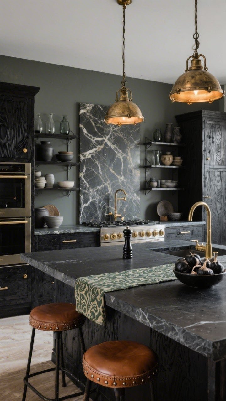 Wide kitchen shot, Charred Kitchen With Brass and Stone: cabinets in charred black oak with aged brass hardware; dramatic bookmatched marble backsplash in stormy gray veining; open shelves in blackened steel displaying matte ceramics and smoky glass; dark soapstone island with a subtle damask runner beneath; antique brass pendants casting warm pools of light; cognac leather stools with riveted detail; walls painted soft soot with a hint of olive; charcoal linens, ebony pepper mill, and a bowl of black garlic; functional yet moody.