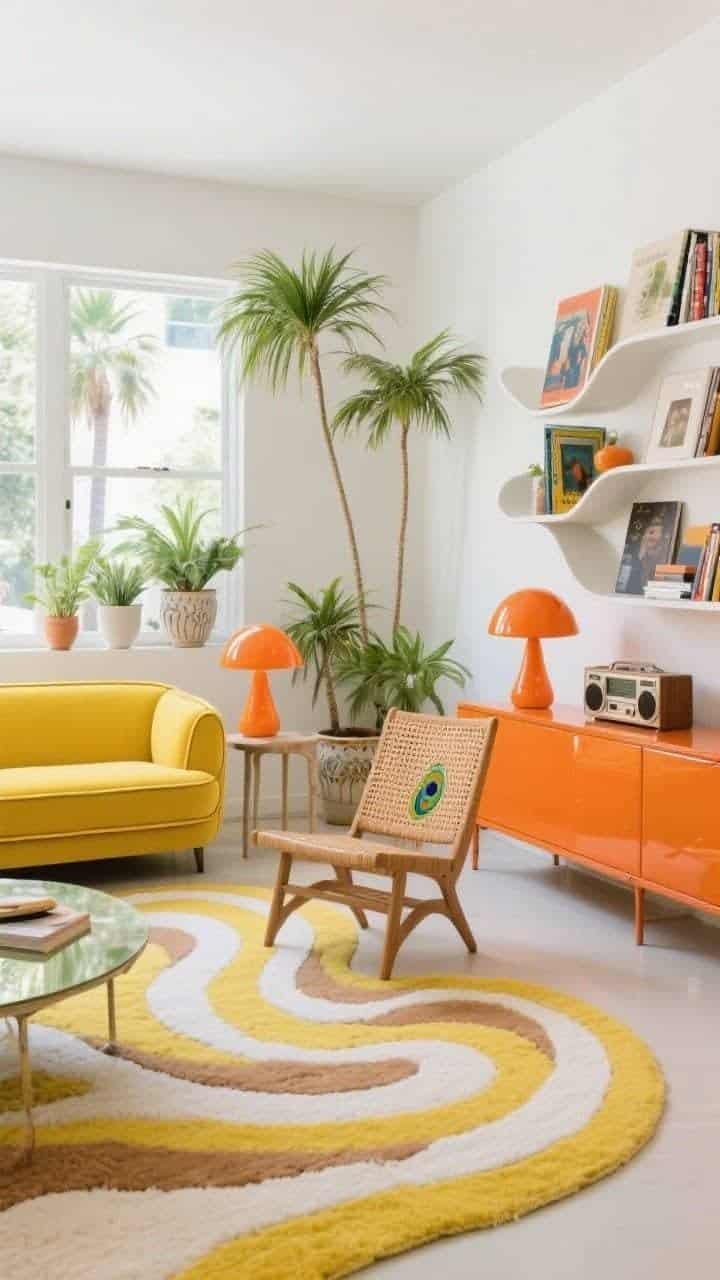 Wide living room shot, straight-on: A bright Palm Springs-inspired space with a low-profile citrus yellow sofa with exaggerated piping, a rattan peacock chair, and a lacquered tangerine sideboard. A wavy 70s swirl rug in lemon, white, and clay anchors the scene. White walls keep it crisp. Glossy orange plastic mushroom lamps sit on side tables. Multiple potted palms in ceramic drip-glaze planters cluster near the windows. A curvy modular bookshelf displays art books and vintage radios. Textures: rattan, lacquer, smooth ceramics, crisp cotton. Palette: lemon, tangerine, palm green, white, clay. Photorealistic, bright natural daylight.