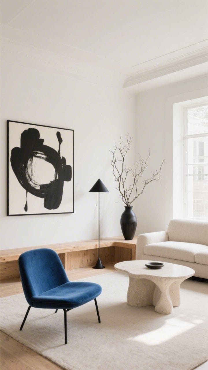 Wide living room shot: warm white walls and ceiling, ivory and sand tones, natural wood accents; a low-profile linen sofa facing a matte-plaster sculptural coffee table; one electric cobalt velvet lounge chair as the single blockbuster color; slim black floor lamp with a small cone shade; oversized black-and-white abstract art above the sofa; a single tall vase with dramatic branches on the coffee table; soft daylight from a large window, minimal shadows; clean lines, uncluttered surfaces, photorealistic.