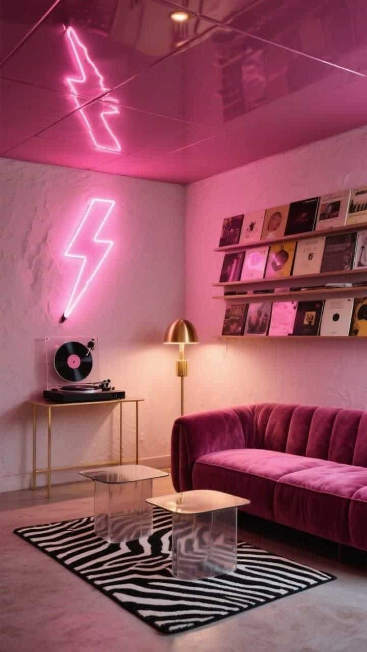 Wide lounge — Whispery pink plaster walls with a high-gloss magenta lacquered ceiling reflecting light; raspberry velvet sectional anchoring the space with smoked glass side tables; one wall lined with record shelves, a pink neon lightning bolt above the turntable; zebra-print rug and a brass floor lamp; moody evening setup with neon and brass glow, photorealistic.