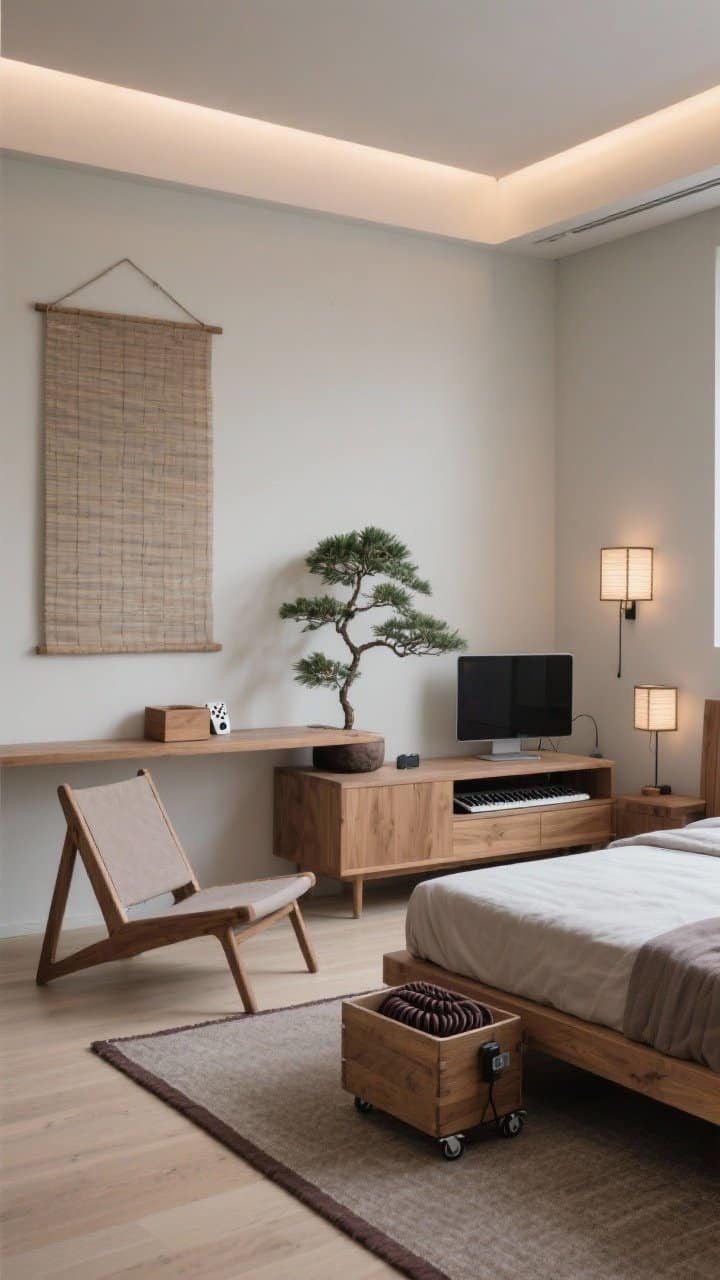 Wide low-angle room shot: Japandi minimal retreat with floor seating; palette of putty, taupe, and inky accents with natural oak and tatami-inspired textures, all matte finishes; foldable floor chair with lumbar support at a short media console, simple futon bed folded to open daytime floor space; rice-paper sconces, subtle LED cove light above headboard area, discreet light bar behind monitor for bias lighting; one large textural wall hanging, a bonsai or ZZ plant on console, narrow runner rug; controller charger hidden in a small wood box on console, keyboard with deep espresso coiled cable; rolling crate partially slid under the console; uncluttered, zen calm, photorealistic.