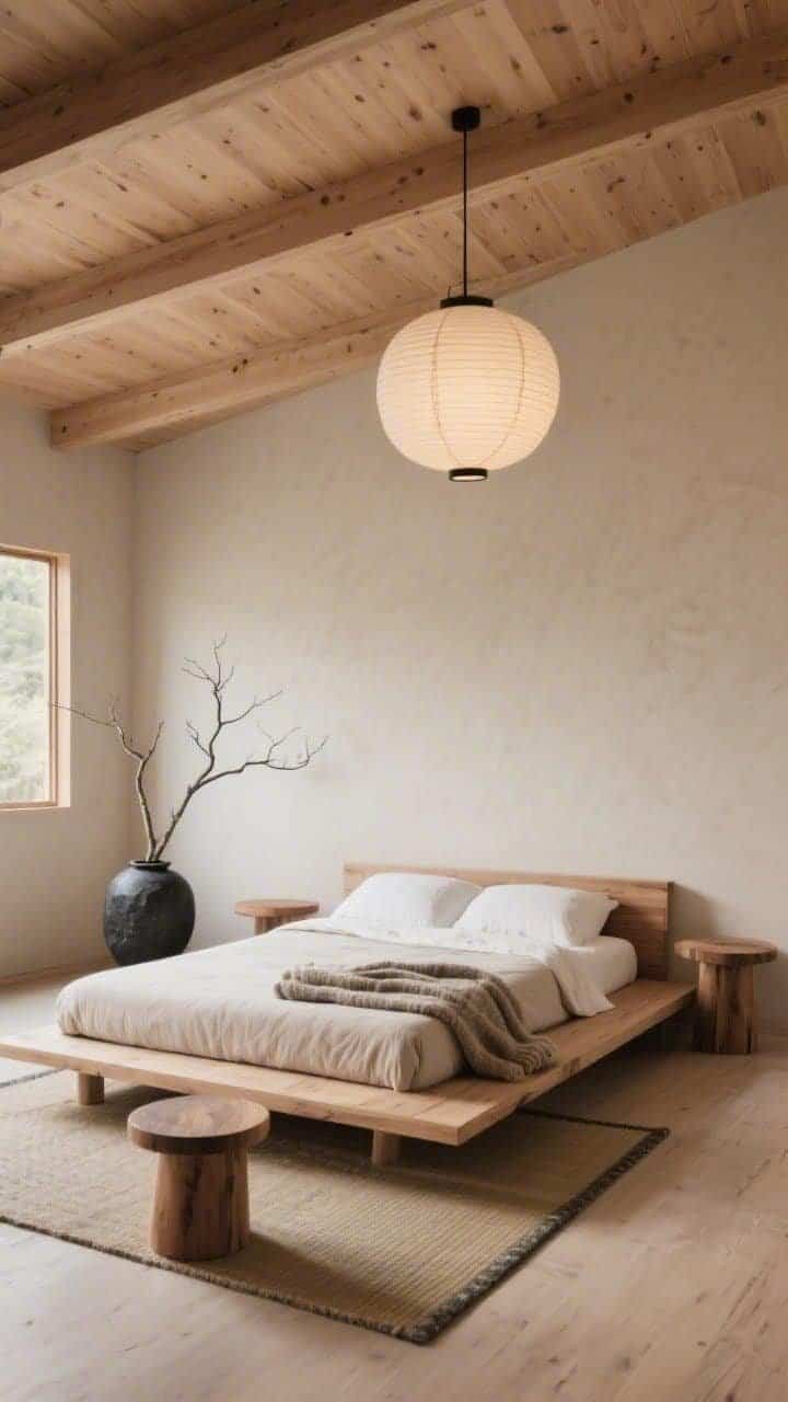 Wide low-angle shot: Japandi cabin calm with pale oak cladding, futon-style platform bed in natural wood, smooth plaster walls, palette of sand, clay, and charcoal, low-profile rice paper lantern overhead, linen tatami-inspired rug, round oak stools as nightstands, single sculptural branch in a black stone vase, folded wool coverlet; tranquil minimalism, soft diffused daylight.