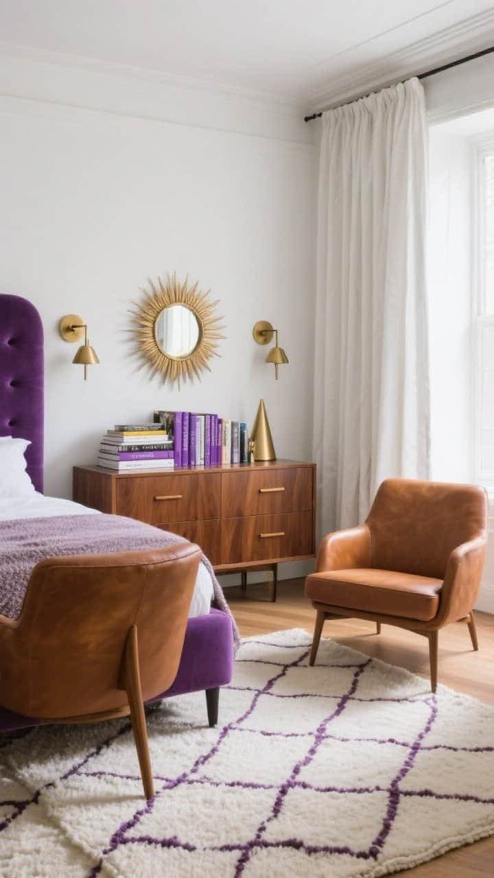 Wide mid-century-inspired bedroom: grape-colored upholstered headboard, caramel leather accent chairs set near a sleek warm walnut dresser; white walls and long linen curtains filtering light; geometric wool rug in ivory with subtle lilac threads anchoring the room; cone brass sconces flanking the bed and a sunburst mirror centered above; stack of art books with purple spines on the dresser; straight-on, warm and characterful.