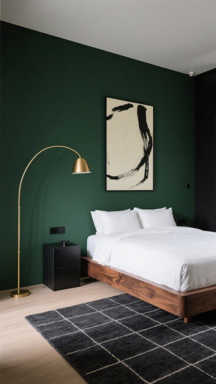 Wide, minimal bedroom in deep forest green walls with matte black accents; a warm walnut platform bed with crisp white bedding provides contrast; black metal cube bedside tables; an oversized brass arc floor lamp curves over the bed; low-pile charcoal grid rug anchors the floor; a single large abstract canvas with a cream field and bold charcoal strokes hangs on the wall; clean lines, boutique-hotel calm, controlled moody lighting, photorealistic.