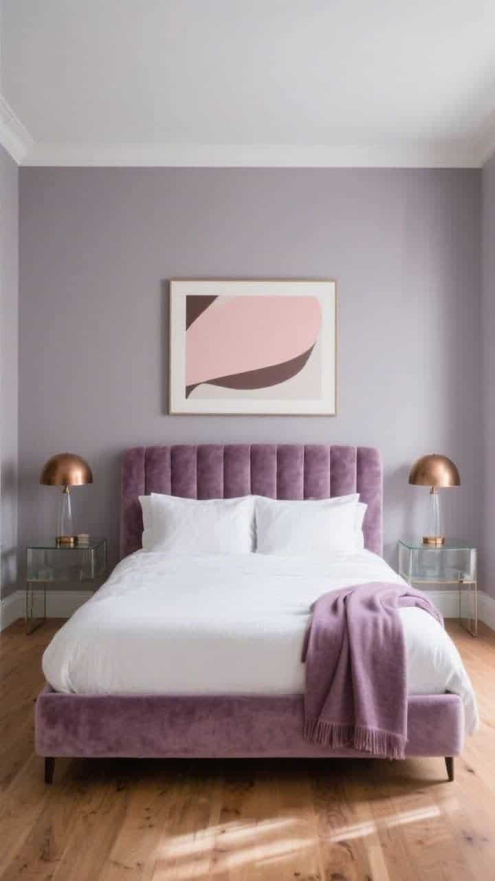Wide modern-classic bedroom, walls in muted mauve-gray enveloping the space; mushroom velvet headboard centered with brushed bronze lamps on smoked glass nightstands; crisp white duvet neatly made with a folded mauve throw at the foot; warm oak floors reflecting soft natural light; framed abstract print with blush and taupe above the bed; straight-on, serene, balanced.