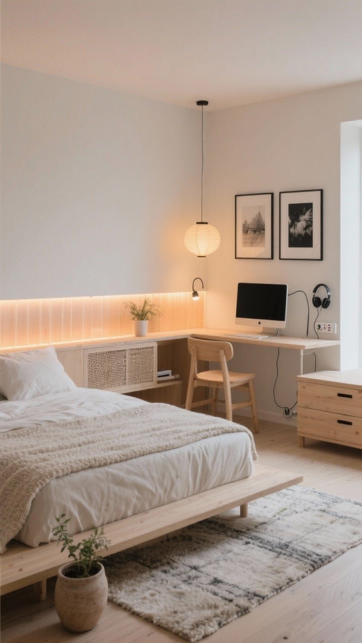 Wide room shot: A Soft Nordic Nook bedroom in warm whites, oat beige, and muted greige with pale ash wood; low-profile platform bed with linen and boucle bedding, floating wall desk with integrated cable channels, compact Scandinavian light-wood chair; ventilated nightstand with a grille door hiding a console; diffused LED strip glow along the headboard, paper lantern pendant, tiny task sconce at the desk; oversized wool rug, ceramic planters, two black-and-white art prints; monitor on a slim arm tucked to the side; frosted RGB behind the desk set to warm amber; wall-mounted headphone hook and a narrow under-bed drawer slightly open with controllers; soft, even evening lighting, no people, photorealistic.